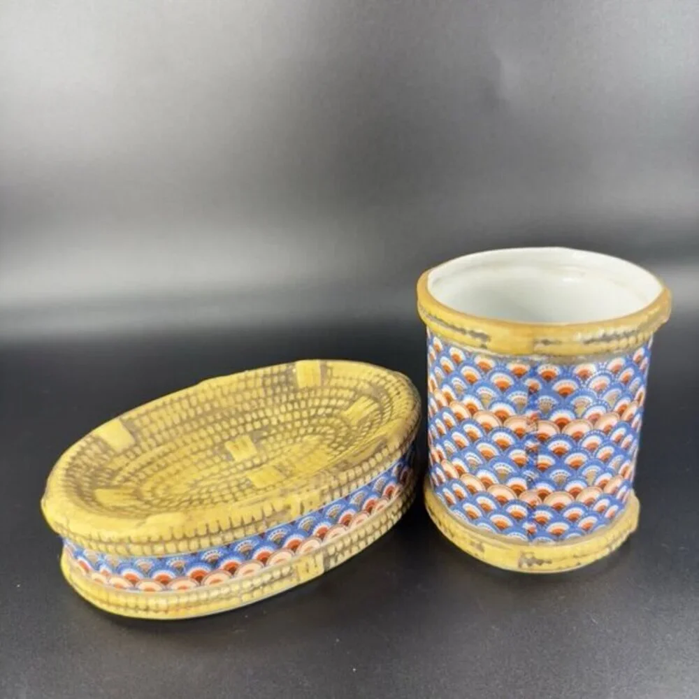 VTG‎ 1980s Enesco Ceramic Porcelain Bathroom Set Soap Holder Toothbrush Holder